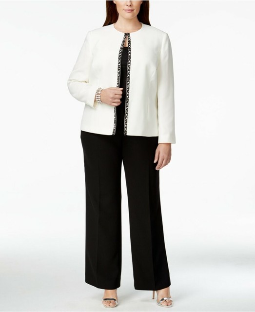 Tahari ASL White 2-Piece ColorBlocked Beaded Suit Pantsuit Women's Plus Size 22W | eBay