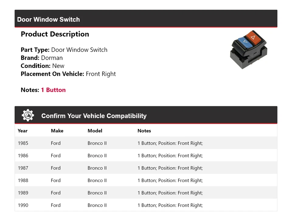 Interruptor de ventana de puerta delantero derecho Ford Bronco II Dorman 1985-1990 1986 1987 Foto 2 de 4