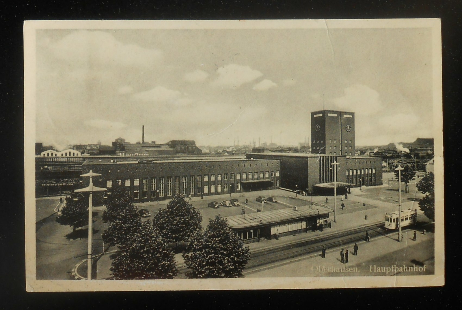 1955 1930s? Hauptbahnhof Railroad Station Tram Old Cars Oberhausen Germany PC