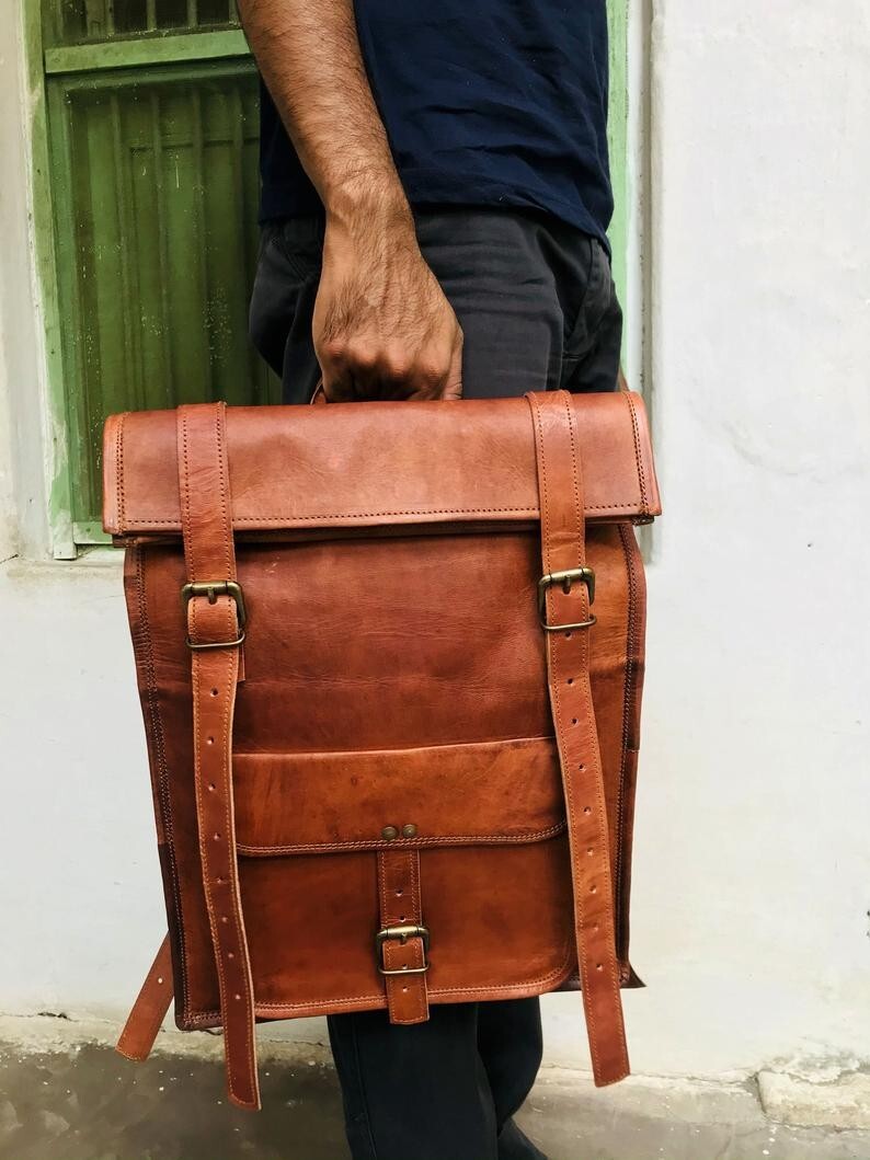 Brown Leather Laptop Backpack Bag Mens