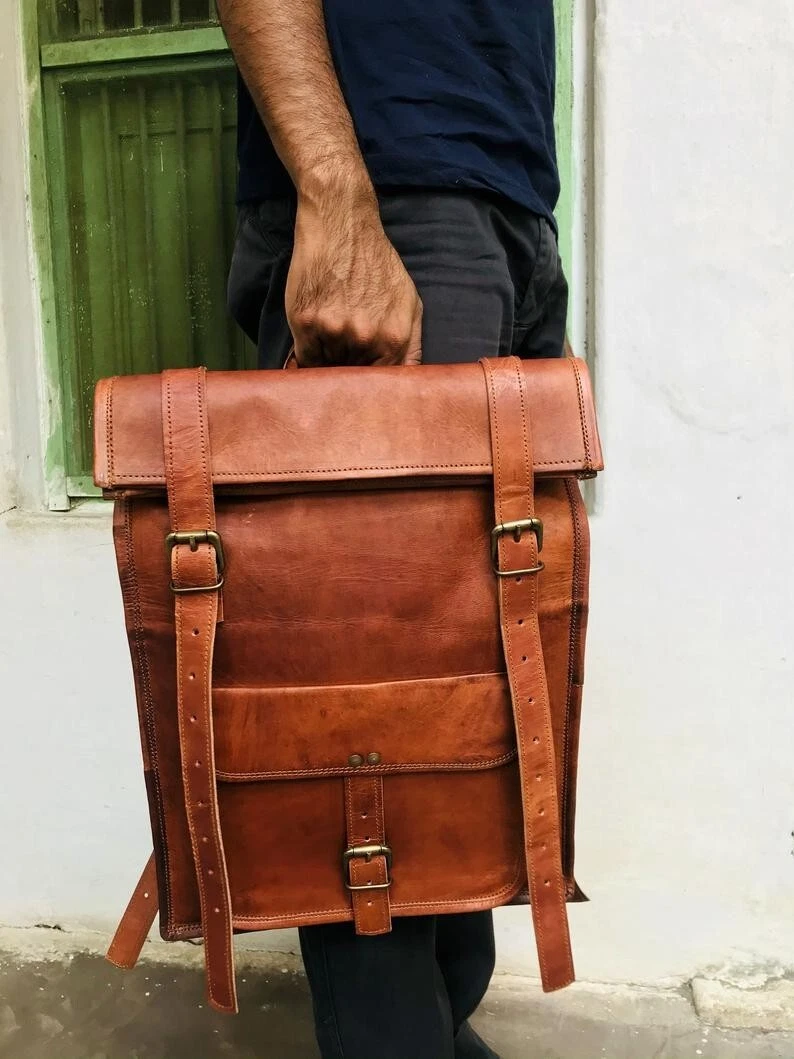 Backpack Leather Bag Laptop Original Mens Rucksack Travel Vintage Brown Fre...