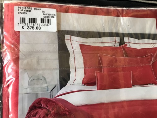 $375 New Yves Delorme Queen Flat Sheet Jacquard Ribbon Swirls Red Sateen France - Picture 4 of 17