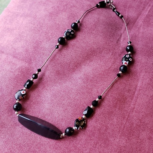 Vintage Millefiori Glass Black Obsidion Beaded Flower Silver Toggle Necklace N2 - Imagen 5 de 11