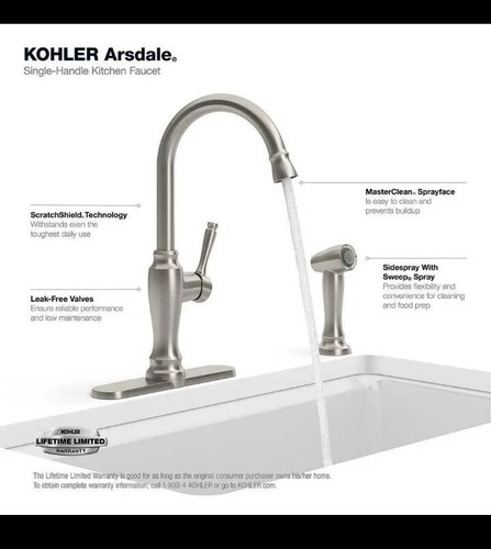 Rubinetto da cucina standard Kohler Arsdale con beccuccio oscillante e spray laterale LOOK - Foto 2 di 8