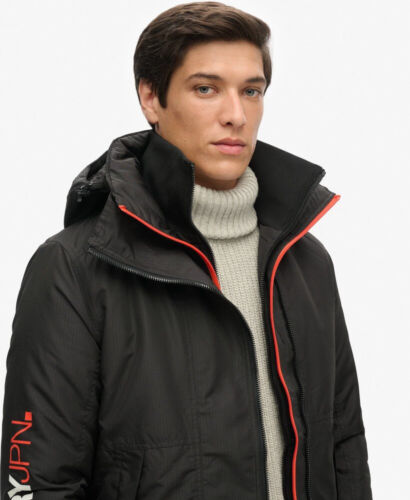 Superdry Jacket Coat Hooded Yachter Windbreaker Jacket Zip Pockets Black Orange - Picture 3 of 7