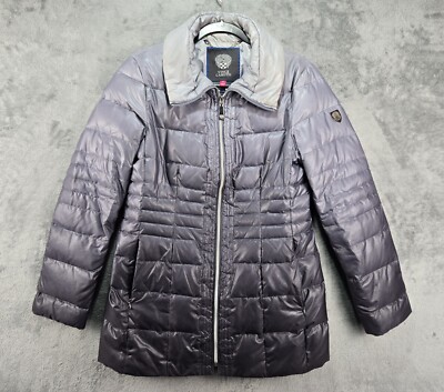 Vince Camuto Womens Silver Black Puffer Down Long Sleeve Jacket Sz M  Flaws