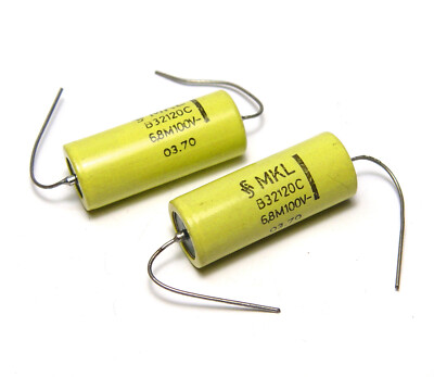 2x Siemens MKL Kondensatoren, 6.8 µF / 100V, Klangfilm Frequenzweichen Caps, NOS
