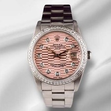 Rolex Date 34mm Ladies 1.5ct Pink Motif Diamond Dial Steel Oyster Watch 15000