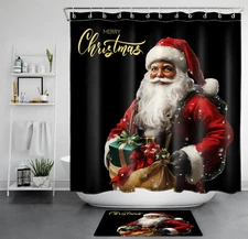Winter Funny Santa Claus on Black and Gold Shower Curtain Set for Bathroom Decor