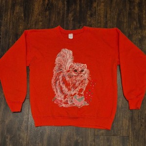 Vintage Kitty Sweatshirt L 80s GrannyCore Puffy Persian Cat Kitten Pullover