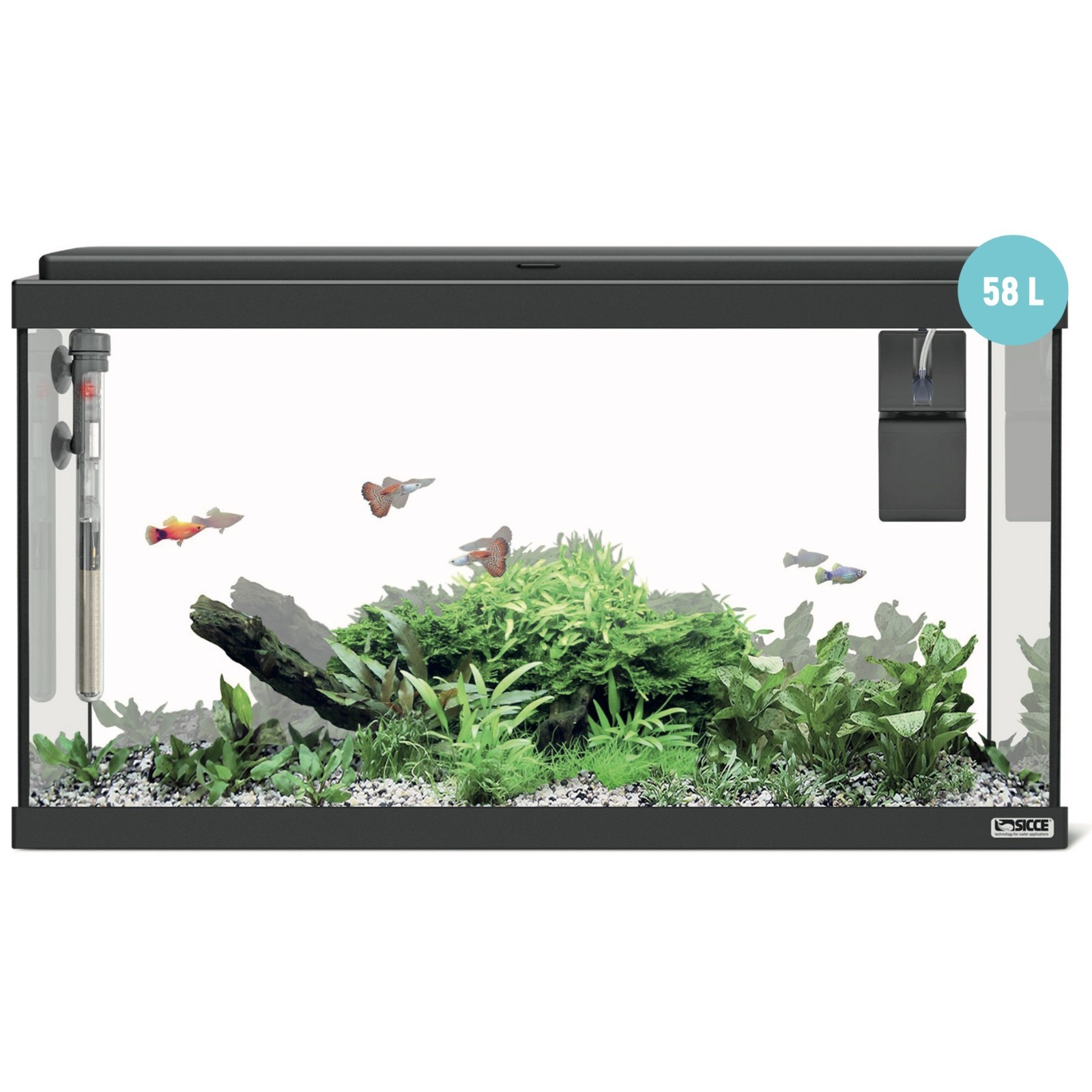 Sicce Moby Dick 60 Nero Acquario Completo 58L LED Filtro Shark Riscaldatore Kit