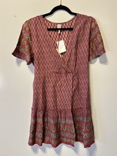 NWT Raga Short Dress Floral Boho Wrap Style V-neck Flutter Sleeve Red Medium