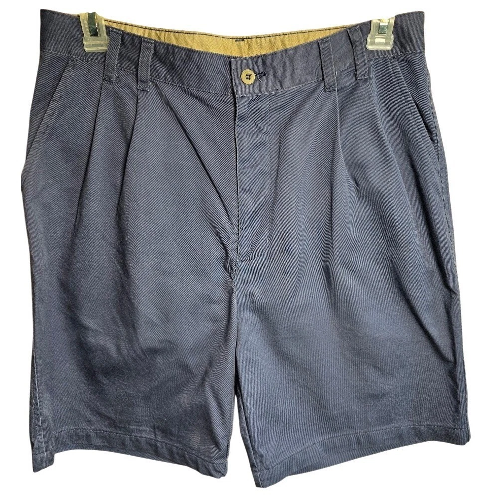 Britannia Mens Navy Blue Pleated Chino Shorts 100% Cotton Twill Size 35 Vintage