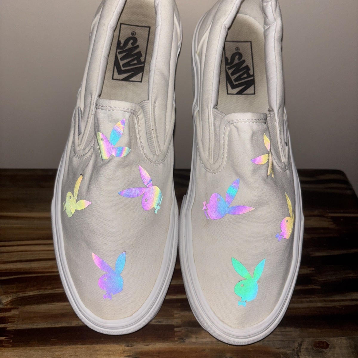 Playboy Bunny Sneaker Shoes White, Slight Green. Size 9. It\'s Fire ? VANS Reflective Playboy Bunny White Slip On Shoes | eBay main image 2