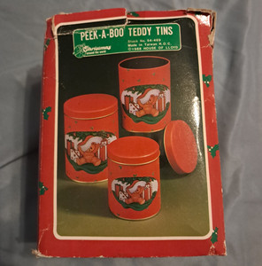 House of Lloyd Peek-A-Boo Teddy Tin Set of 3 Red/Green Christmas 1988 w/ Box