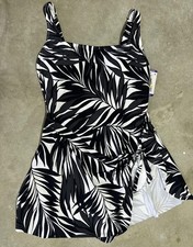 Anne Cole Swimdress Womens XXL Black Tropical Leaf UPF 50 Built In Bra Skirted