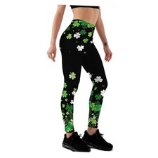 St Patricks Day Leggings for Women Shamrock Leggings Clover Large Black
