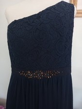 Adrianna Papell 14 Cocktail Dress Midnight Blue Lace One Shoulder Beaded Gems