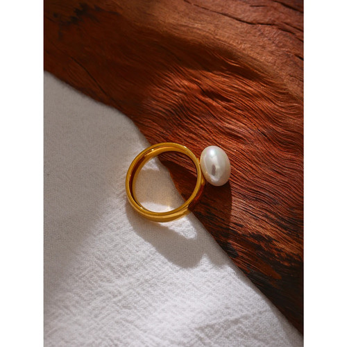 Shell Pearl Ring Gold Tone Stainless Steel Band Engagement Women Jewelry - Picture 4 of 14