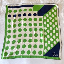 Vintage Vera Neumann Silk Scarf Green Blue Off-White Polka Dot Rolled Edge Japan
