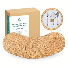 Round Woven Placemats Set of 8, Wicker Placemats, Natural Water Hyacinth Plac...