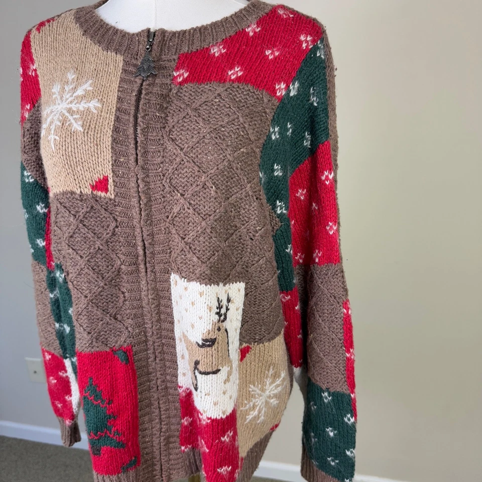 Suéter feminino Studio Works lã feio Natal com zíper EUA M - Imagem 2 de 4