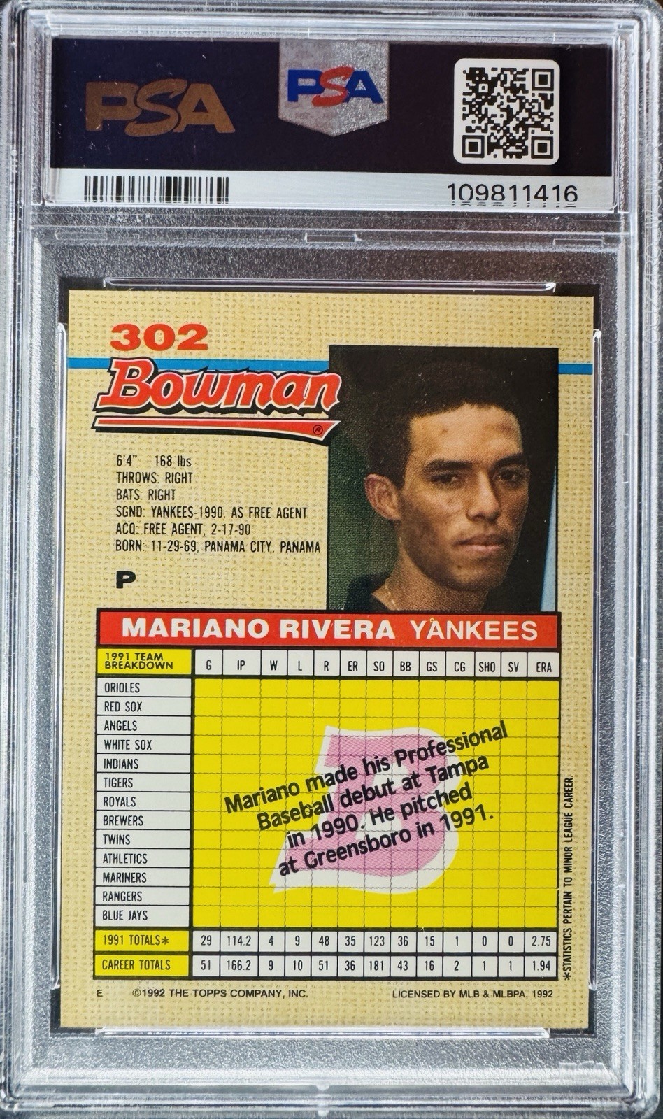 1992 BOWMAN #302 MARIANO RIVERA ROOKIE PSA 9 view 2