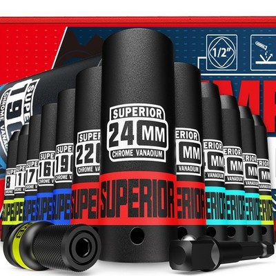 14 Piece 1/2'' Drive Impact Socket Set, 8 mm - 22 mm Deep Socket, Metric Socke...