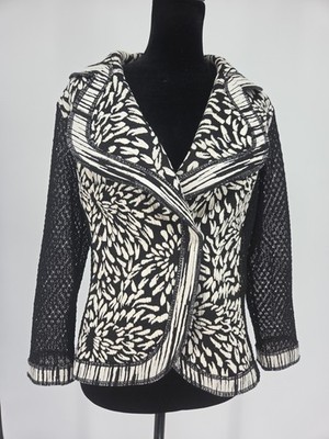 Vtg Alberto Makali Women's Lace Back Blazer Medium Black Beige Floral