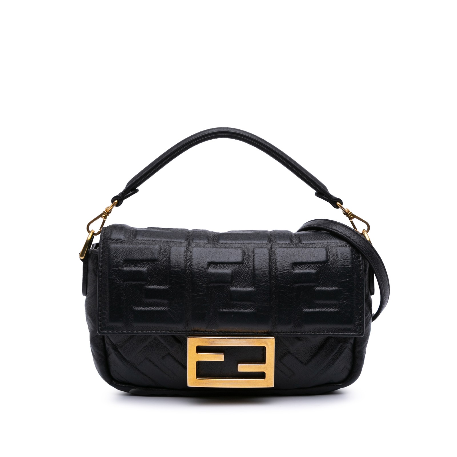 Authentic Fendi Mini Zucca Embossed Black Leather Baguette Satchel