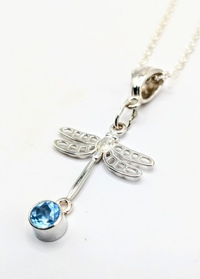 Aquamarin Silber Libelle Anhänger 925 Sterling 4mm 18'' Kabel Kette Handarbeit