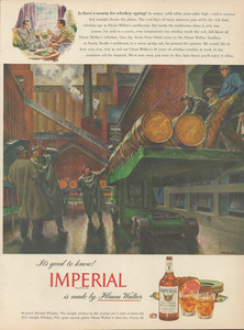1947 Imperial Hiram Walker Whiskey Wearhouse Rackhouse Workers Barrells Print Ad