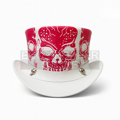 White Leather Top Hat with Red Skull Print   Gothic Party New Year Style