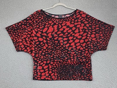 Clara Sun Woo Sequin Top Size Small Red Black Stretch Holiday Shimmer Artsy EXC