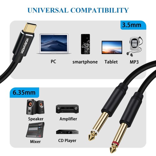 USB C to 1/4" Audio Cable, Type-C to Dual 6.35mm TS Splitter for iPhone, MacB... - Picture 2 of 6