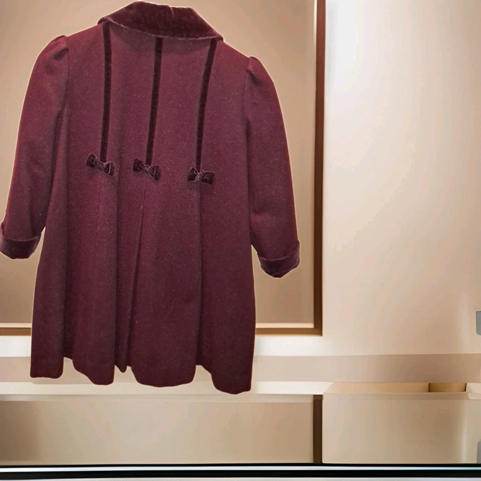 Rothschild Coat Girls 6 Burgundy Wool Lined Long Victorian Princess Velvet Bows - Image 4 of 4