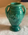 Shawnee Handled Vase, Green Gloss with Clover Motif