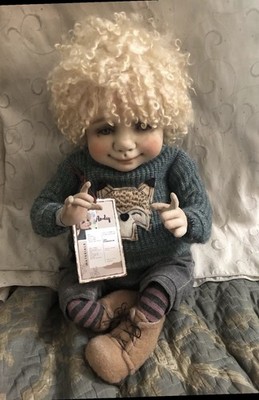 Handmade Textile Soft Sculpture Collectible Wool Little Boy Art Doll