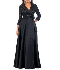 Xscape Women Dress Size 6 Black Sequin Tuxedo Belted Satin Collar Ball Gown