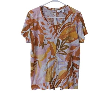C&C California 100% Linen Knit Tunic Top Womens 1X Plus Floral Tropical Slub