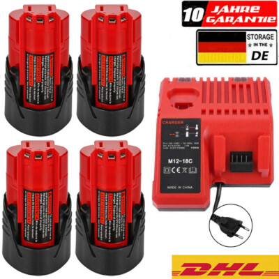 4X Akku Für Milwaukee 12 V M12B2 Lithium 3.5 Ah M12-18C Ladegerät 48-11-2401 NEU