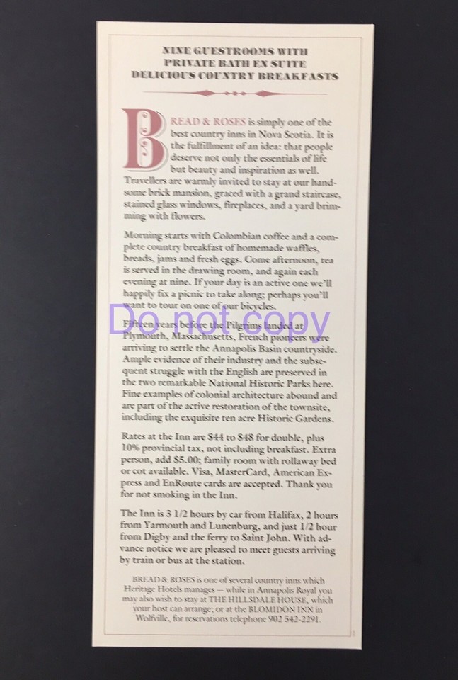 Bread and Roses Annapolis Royal Nova Scotia Canada Advertising Flyer