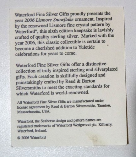 *NEW Waterford Crystal Christmas Ornament 2006 Lismore Snowflake Sterling Silver - Picture 5 of 5