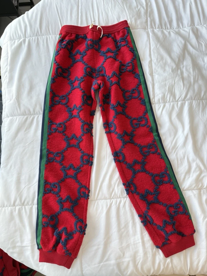 Gucci Kids Red Knit Joggers, Red With blue GG Size 12 - Image 3 of 4