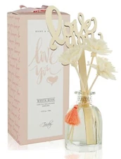 White Rose Love You Sola Flower Oil Diffuser, Elegant Glass Base & Floral Sticks