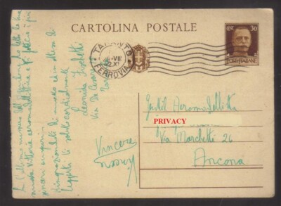 9187 - Postcard from Taranto to Ancona 29/7/1942 - Filagrano C80 - post