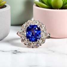 Engagement Ring 4 Carat Blue Sapphire Cushion Cut Lab Grown Diamond 950 Platinum