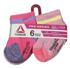 Rebook Pro-Series Baby Girls Ankle Socks, 6-Pack Non-Slip Sole, Cushioned, 6-12M