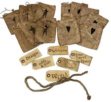 Primitive Style Cloth Gift Bags Tea Stained Faith Hope Love and Stars Tags