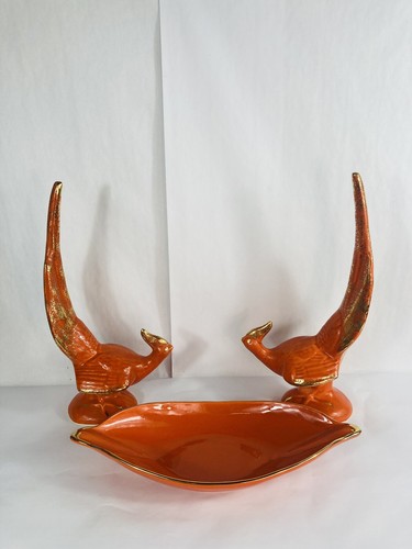 MCM California Pottery Console Set Phoenix Birds Figurine Orange Gold Bowl - 第 1/12 張圖片